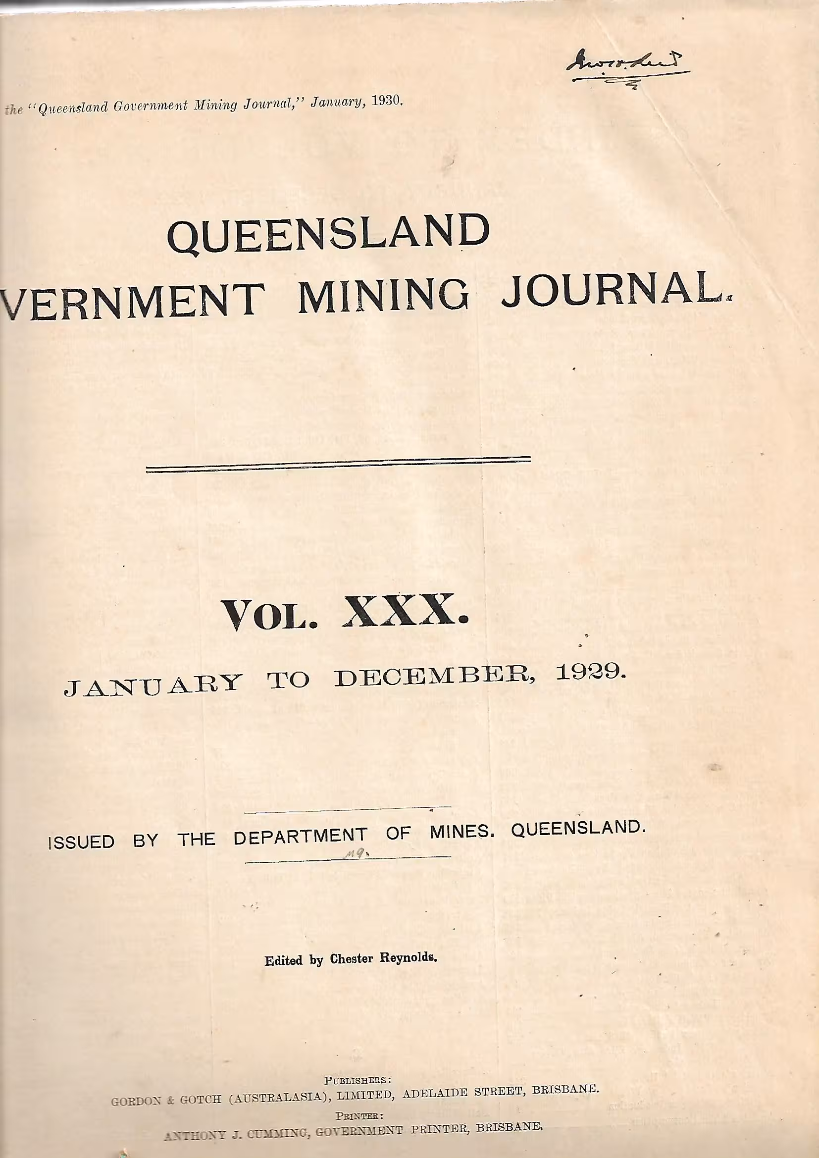 Queensland Government Mining Journal Vol.XXX, January to December 1929