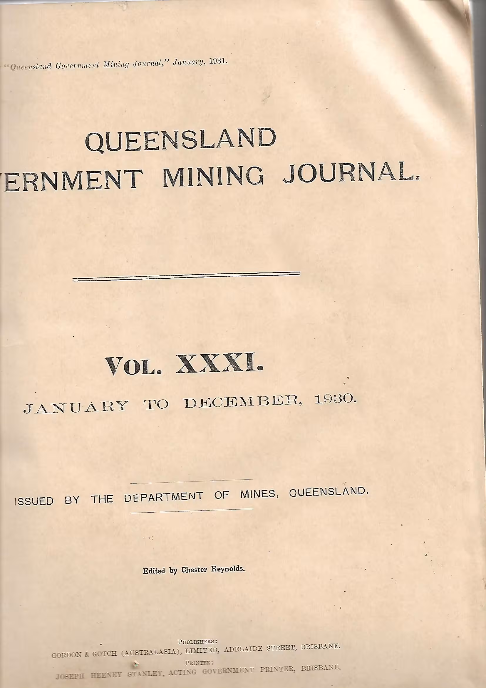 Queensland Government Mining Journal, Vol.XXXI January to December 1930